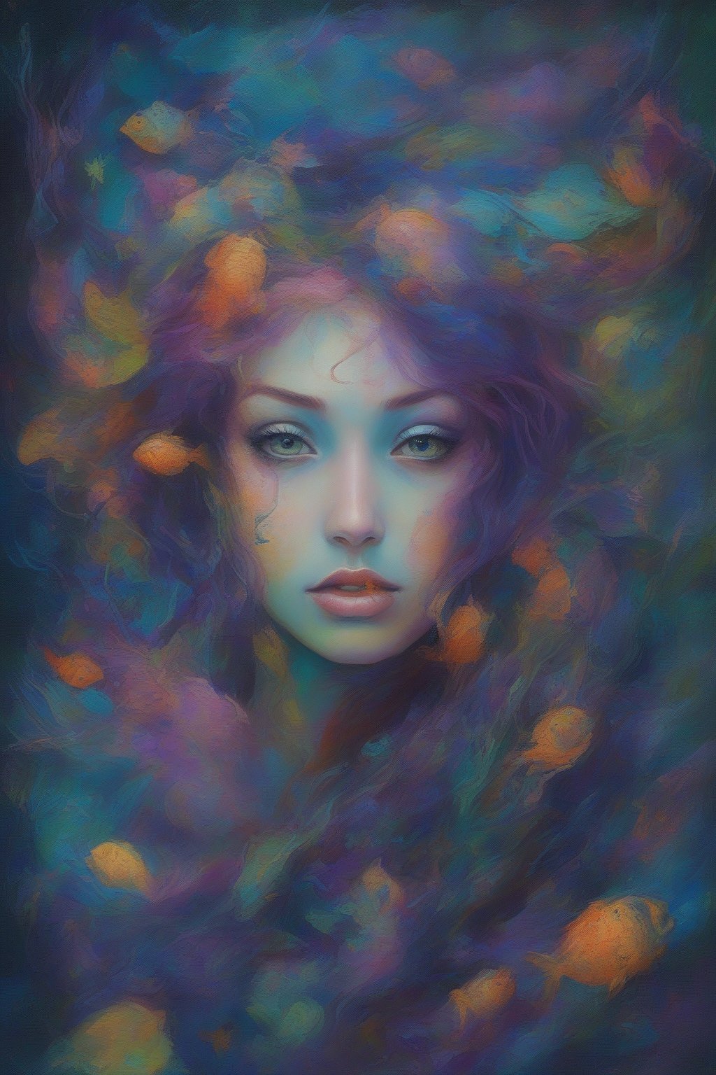 Frontal portrait of a whimsical and colorful woman resembling a mermaid or siren. Fair complexion, youthful features, wide open eyes, and delicate freckles on nose and cheeks. Vibrant, gravity-defying hair in shades of purple, blue, orange, and teal. Hair transitions into tendrils or aquatic flora, creating an underwater illusion. Small bubbles floating around the head add to the underwater theme. Attire or visible body part resembles teal and green fish scales with vibrant colors. Overall effect: Serene and otherworldly underwater creature in quiet contemplation.,Midjourney_Whisper