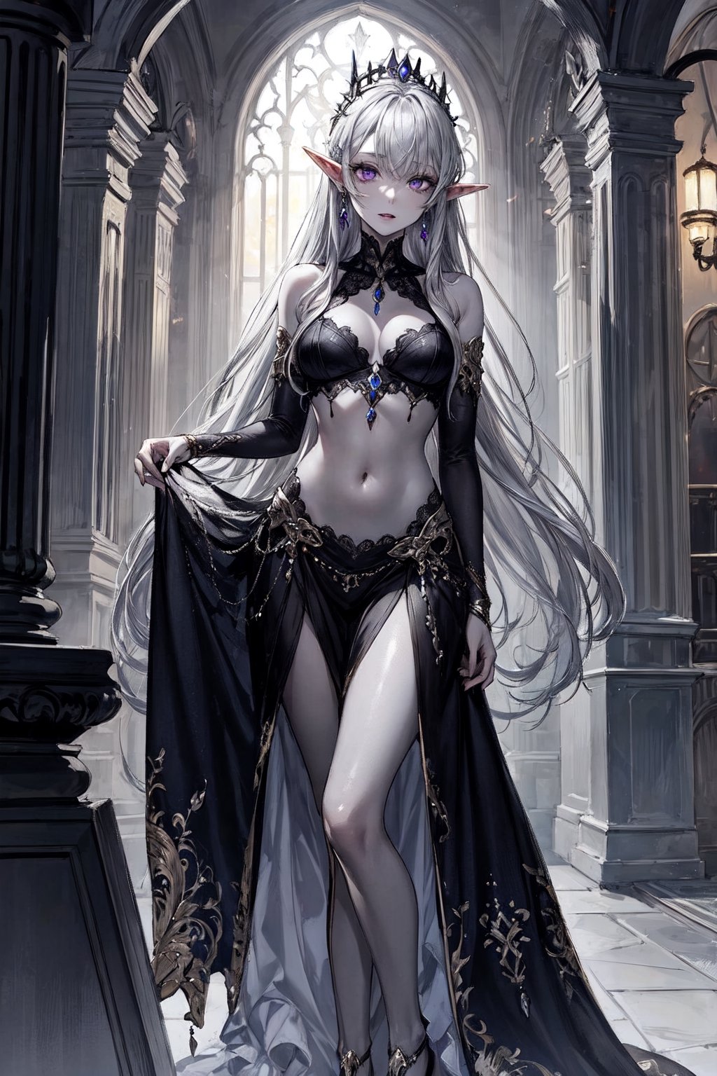 ((masterpiece)), ((ultra detailed)), (ultra quality), scenery, jewellery, dress, earrings, dark elf, long silver hair set in perfect princess curls, ((grey skin)), violet eyes, petite, dark elf, ashy skin, pale skin,