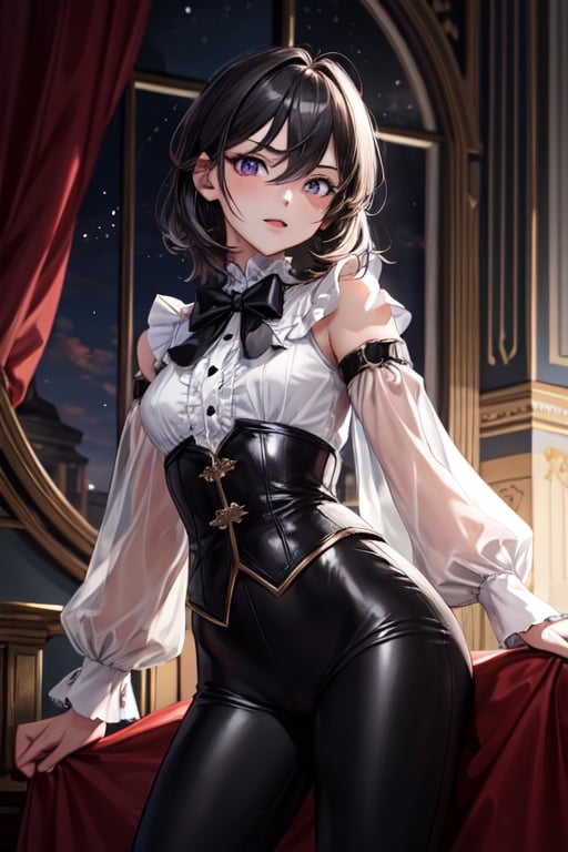 ((masterpiece)), ((best quality)), ((ultra high resolution)), 1girl, tom boy, princess, fantasy, masculine clothing, black pants, black hair, violet eyes, tomboy, small bust, blouse, medium length hair, royalty,