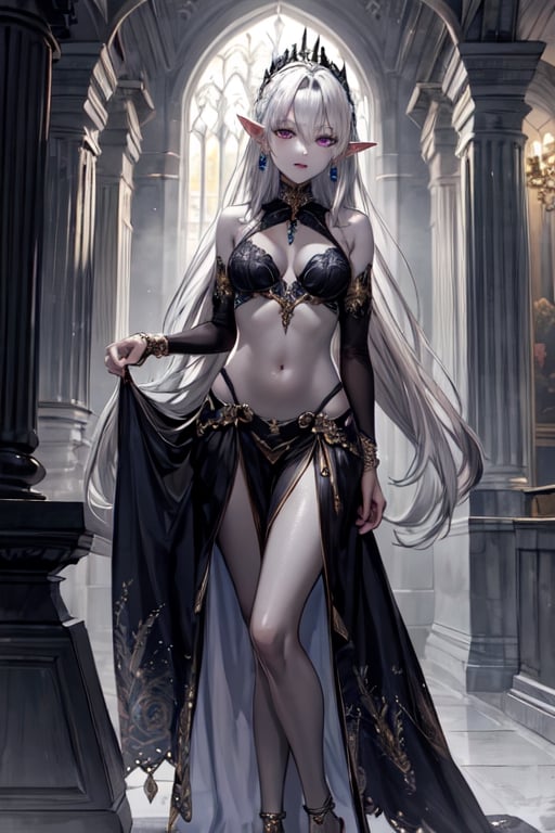 ((masterpiece)), ((ultra detailed)), (ultra quality), scenery, jewellery, dress, earrings, dark elf, long silver hair set in perfect princess curls, ((grey skin)), violet eyes, petite, dark elf, ashy skin, pale skin,