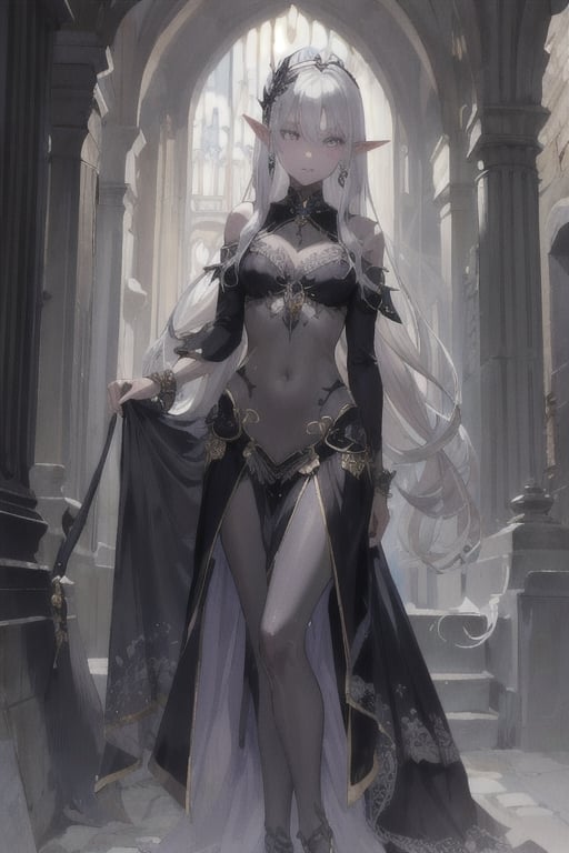 ((masterpiece)), ((ultra detailed)), (ultra quality), scenery, jewellery, dress, earrings, dark elf, long silver hair set in perfect princess curls, grey skin, grey pearly skin, violet eyes, petite, dark elf, dark skin,