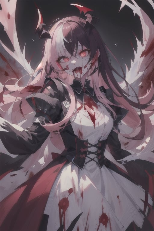 ((masterpiece)), ((ultra detailed)), (ultra quality), (very_high_resoltion), flowing hair, beautiful face, Very detailed,  Pale Skin, fangs,(blood splash:1.4), two_tone_hair, black and pink hair, red eyes, demonic, glowing eyes, slit pupils, Detailedface