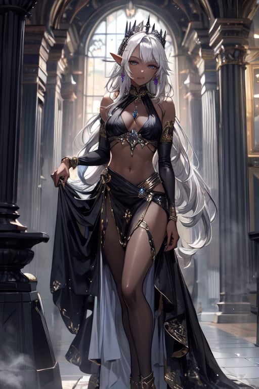 ((masterpiece)), ((ultra detailed)), (ultra quality), scenery, jewellery, dress, earrings, dark elf, long silver hair set in perfect princess curls, grey skin, violet eyes, petite, dark elf, dark skin, midjourney,