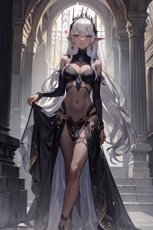 ((masterpiece)), ((ultra detailed)), (ultra quality), scenery, jewellery, dress, earrings, dark elf, long silver hair set in perfect princess curls, grey skin, grey pearly skin, violet eyes, petite, dark elf, dark skin,