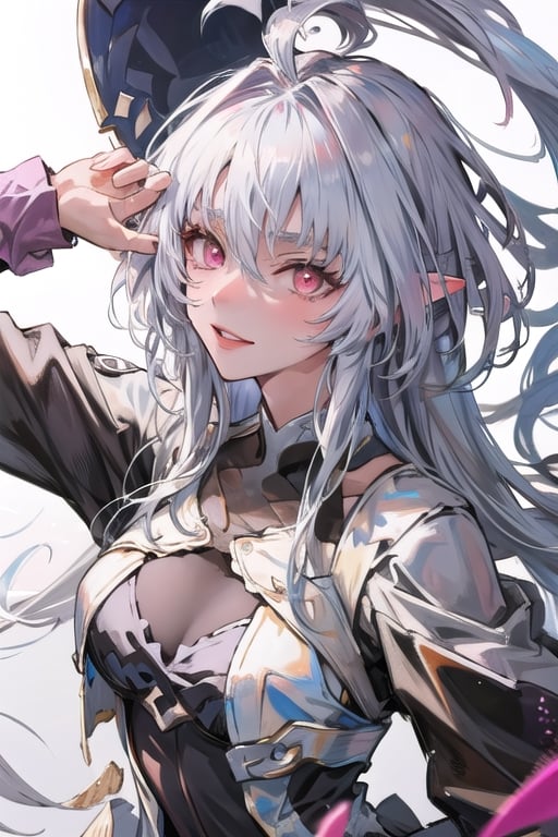 ((masterpiece)), ((ultra detailed)), (ultra quality), (very_high_resolution), merlin, fate/grand_order, very long white hair, ahoge, Pink Eyes, Long Elvish Ears,very long hair