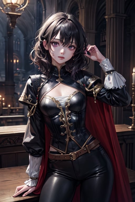 ((masterpiece)), ((best quality)), ((ultra high resolution)), realistic, 1girl, tom boy princess, fantasy, black pants, black hair, violet eyes, small bust, white blouse, medieval, fantasy00d