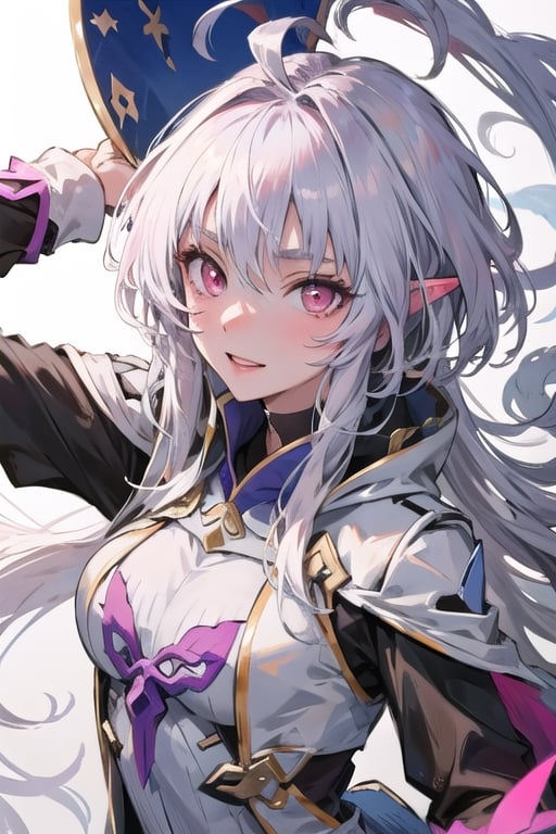 ((masterpiece)), ((ultra detailed)), (ultra quality), (very_high_resolution), merlin, fate/grand_order, very long white hair, ahoge, Pink Eyes, Long Elvish Ears,very long hair, 