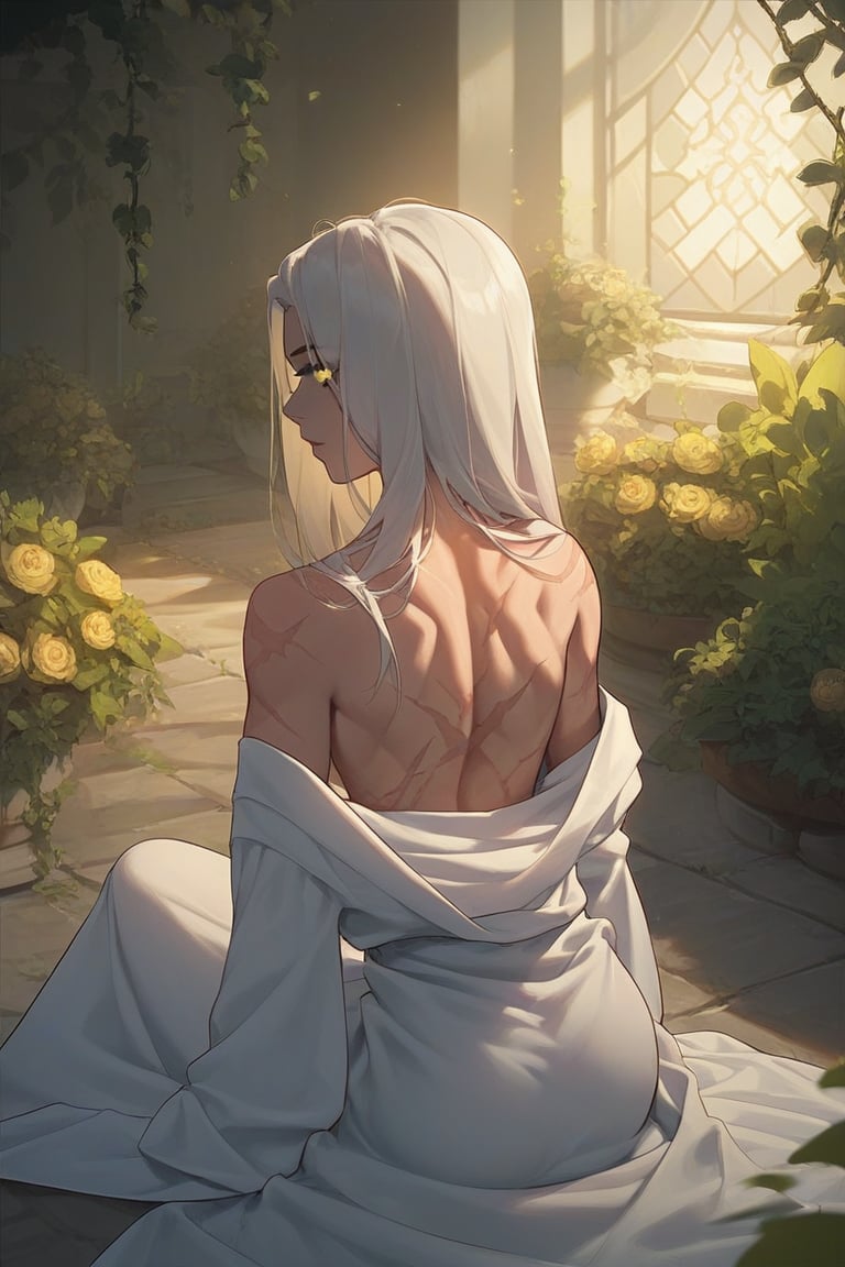 score_9, score_8_up, score_7_up, slender lady with a ethereal beauty, golden white hair, long hair, bright yellow eyes, scarred back, small feathers on ground, sitting in garden, back to viewer, looking away, large scars on back, scars, wearing loose robe, fallen angel,