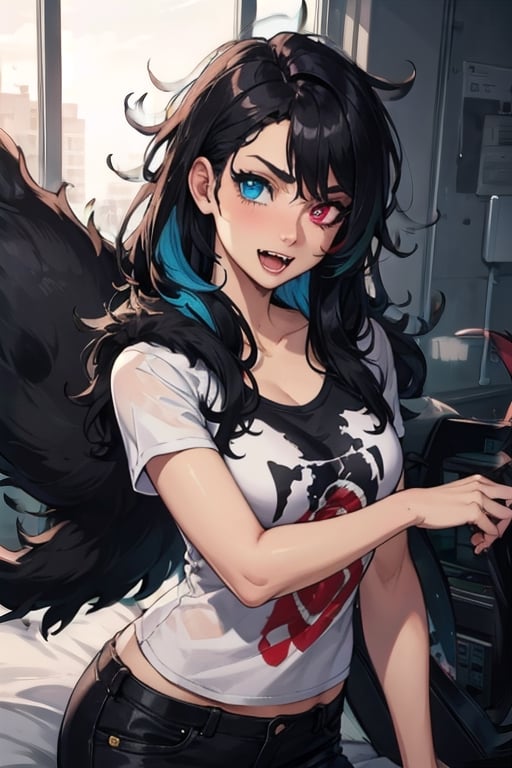 ((masterpiece)), ((best quality)), black hair, (heterochromia), long hair, messy hair, fangs, slim, teenage, detailed, black fur, smooth fur,