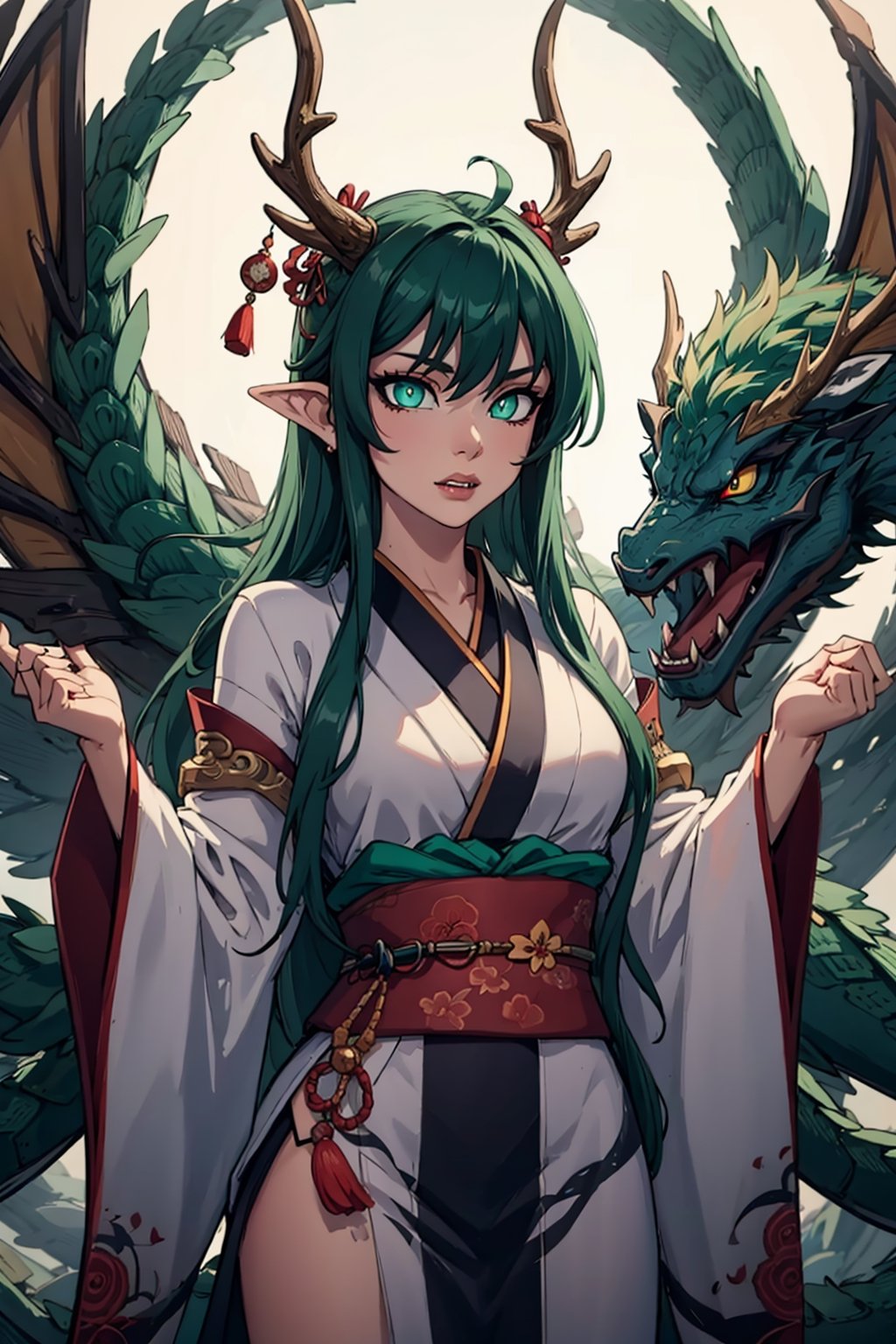 ((best quality)), ((masterpiece)), (detailed), female, sharp eyes, jade, japanese, petite, slender, fangs, petite, pointed ears, long_hair, rosey lips, slit pupils, robes, japanese_dragon, jade_dragon, green scales, dark green hair, glowing eyes, (blue pupils, jade green eyes), scales, yukata, chinese dragon, branch like horns, antlers, IncrsSlitPupil, Detailedface,