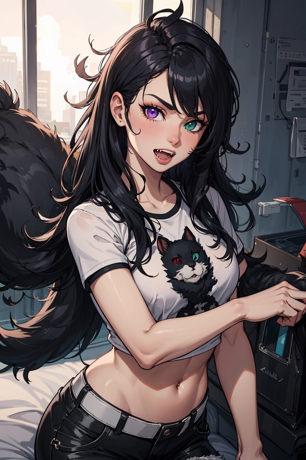 ((masterpiece)), ((best quality)), black hair, (heterochromia), long hair, messy hair, fangs, slim, teenage, detailed, black fur, smooth fur,