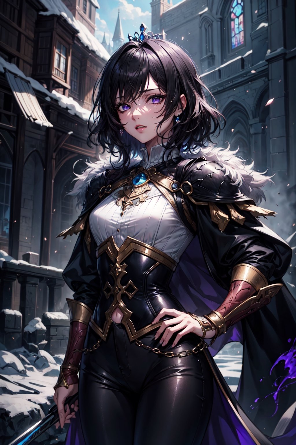 ((masterpiece)), ((best quality)), ((ultra high resolution)), realistic, 1girl, tom boy princess, fantasy, black pants, black hair, violet eyes, small bust, white blouse, medieval, fantasy00d