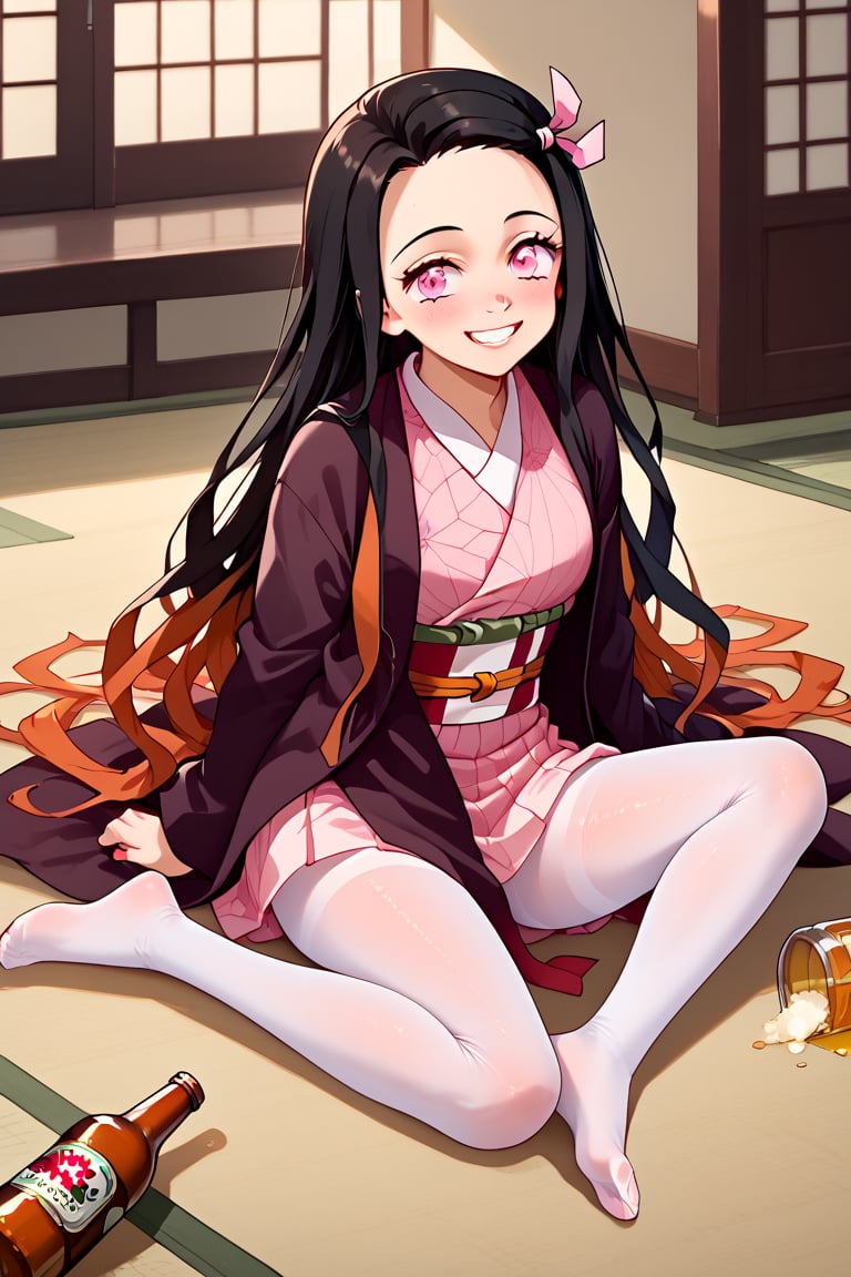 Demon girl, Nezuko, Mexico city, Beer bottle, Drunk, star wars clothing, light brown pantyhose, no shoes, kamado nezuko, very long hair, black hair, pink eyes, Mos eisley cantina, stupid smile