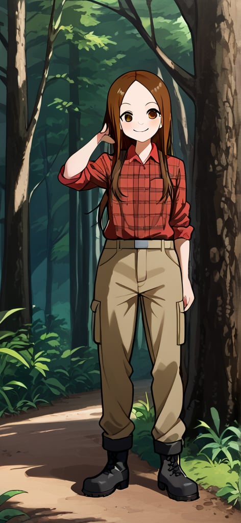 WOOD WORKER, Work Boots, mischiveous smile, Takagi San, longsize_Chainsaw, Forest, heavy Cargo_Truck at distance,  long hair, brown hair, lumberjack plaid shirt , aatakagi