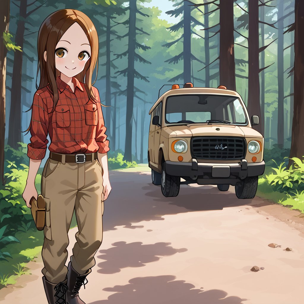 WOOD WORKER, Work Boots, mischiveous smile, Takagi San, longsize_Chainsaw, Forest, heavy Cargo_Truck at distance,  long hair, brown hair, lumberjack plaid shirt , aatakagi