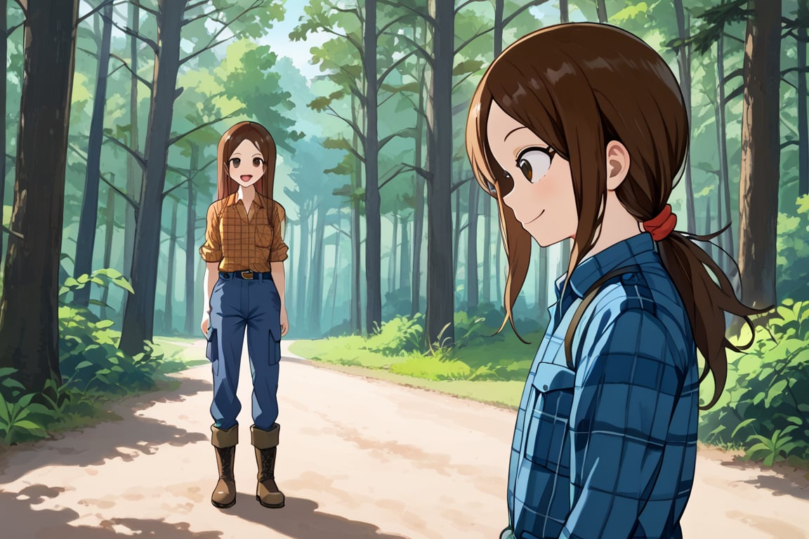 WOOD WORKER, Work Boots, mischiveous smile, Takagi San, longsize_Chainsaw, Forest, heavy Cargo_Truck at distance,  long hair, brown hair, lumberjack plaid shirt , aatakagi