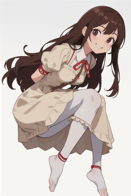 girl tied, hands tied behind back, bondage, victorian dress, white background,  long hair, brown pantyhose, no shoes, light smile, anime screencap, DETAILED FEET, 