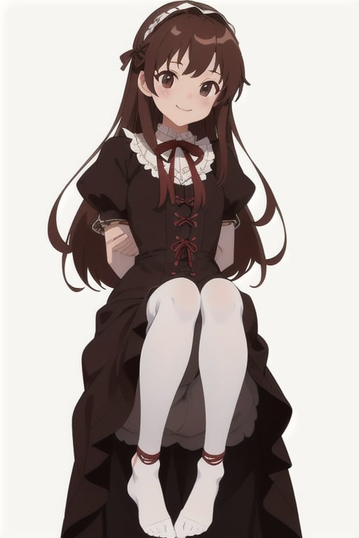 girl tied, hands tied behind back, bondage, victorian dress, white background,  long hair, brown pantyhose, no shoes, light smile, anime screencap, DETAILED FEET, 