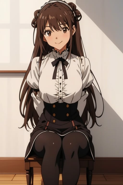 girl tied, hands tied behind back, bondage, victorian dress, white background,  long hair, brown pantyhose, no shoes, light smile, anime screencap, DETAILED FEET, 