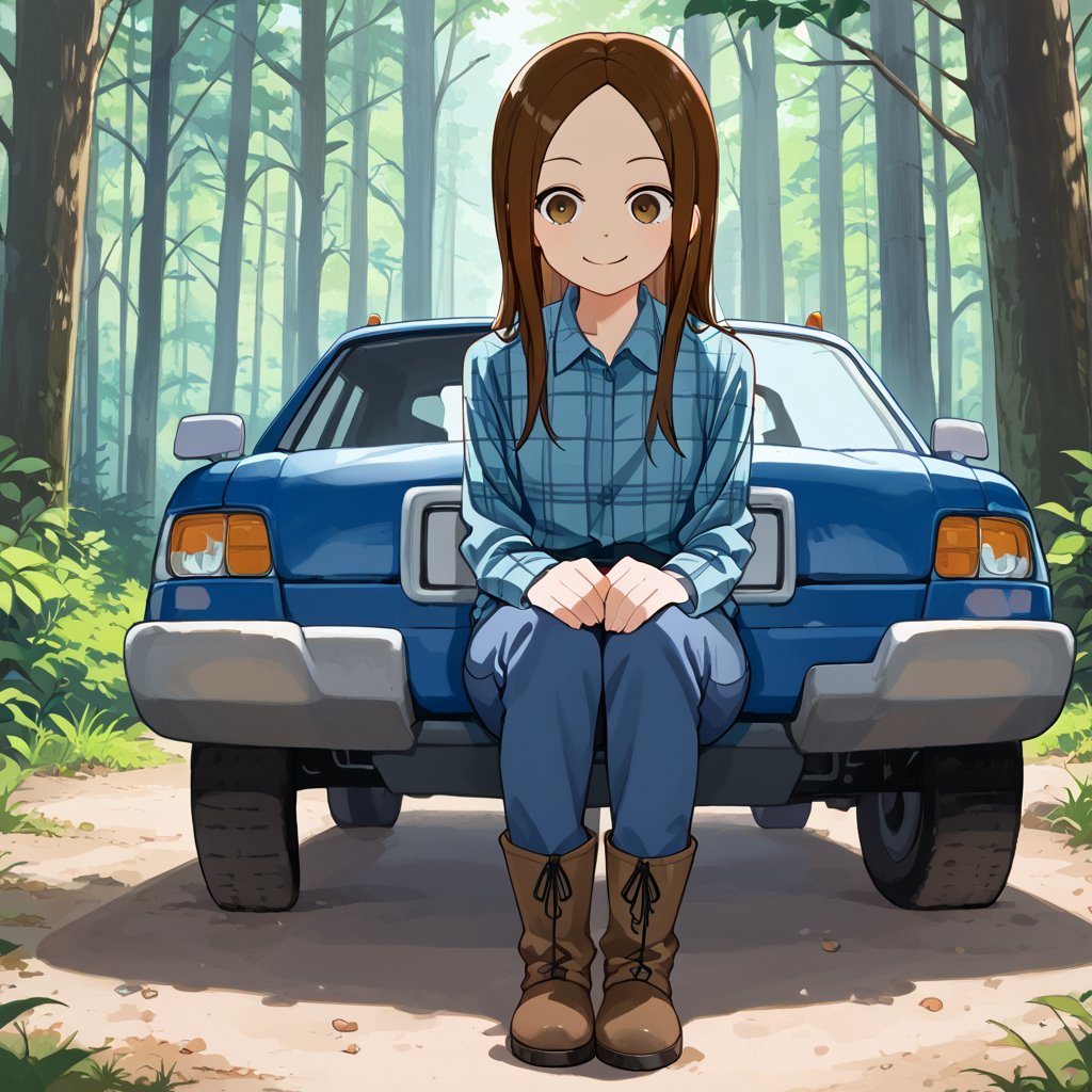 WOOD WORKER, Work Boots, mischiveous smile, Takagi San, longsize_Chainsaw, Forest, heavy Truck at distance,  long hair, brown hair, lumberjack plaid shirt , aatakagi