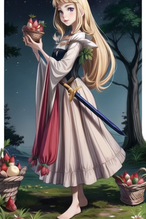 Girl,  medieval clothes, barefeet, no shoes forest, long sword,  strawberry basket. 
,Aurora