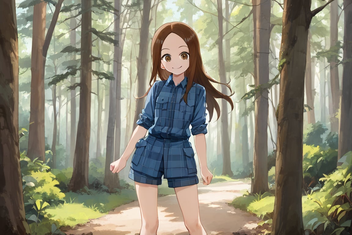 WOOD WORKER, Work Boots, mischiveous smile, Takagi San, longsize_Chainsaw, Forest, heavy Cargo_Truck at distance,  long hair, brown hair, lumberjack plaid shirt , aatakagi