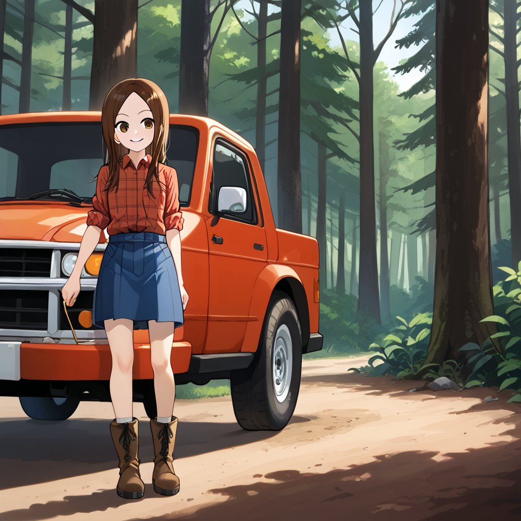 WOOD WORKER, Work Boots, mischiveous smile, Takagi San, Chainsaw, Forest, heavy Truck at distance,  long hair, brown hair, lumberjack plaid shirt , aatakagi