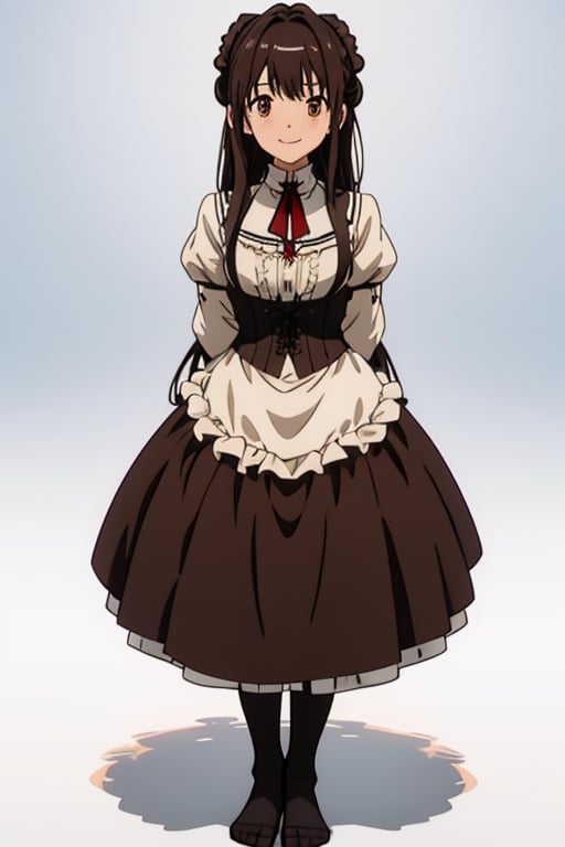 girl tied, hands tied behind back, bondage, victorian dress, white background,  long hair, brown pantyhose, no shoes, light smile, anime screencap, DETAILED FEET, 