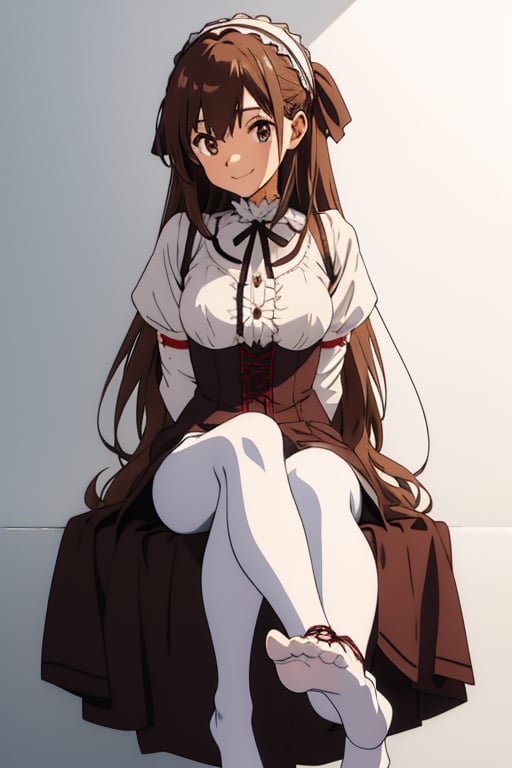 girl tied, hands tied behind back, bondage, victorian dress, white background,  long hair, brown pantyhose, no shoes, light smile, anime screencap, DETAILED FEET, 