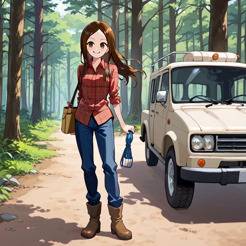 WOOD WORKER, Work Boots, mischiveous smile, Takagi San, longsize_Chainsaw, Forest, heavy Truck at distance,  long hair, brown hair, lumberjack plaid shirt , aatakagi