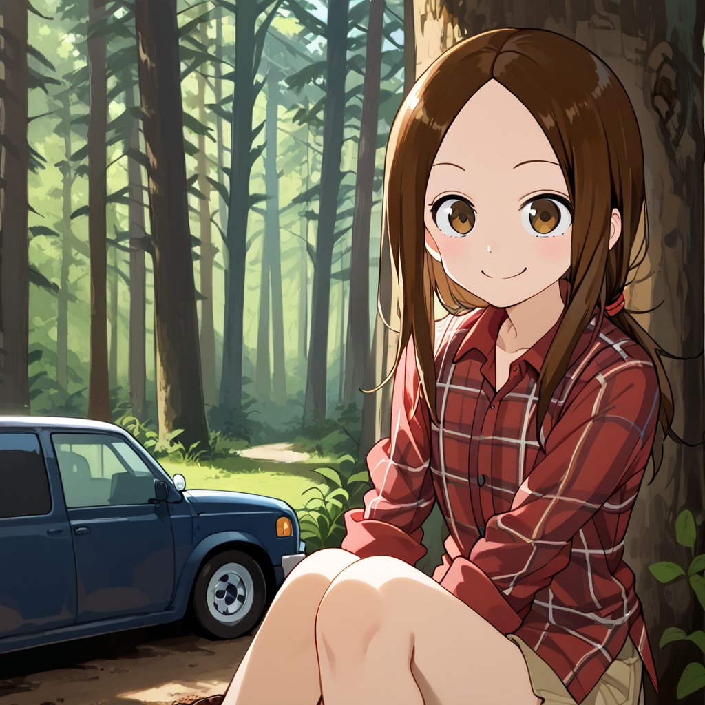 WOOD WORKER, Work Boots, mischiveous smile, Takagi San, Chainsaw, Forest, heavy Truck at distance,  long hair, brown hair, lumberjack plaid shirt , aatakagi