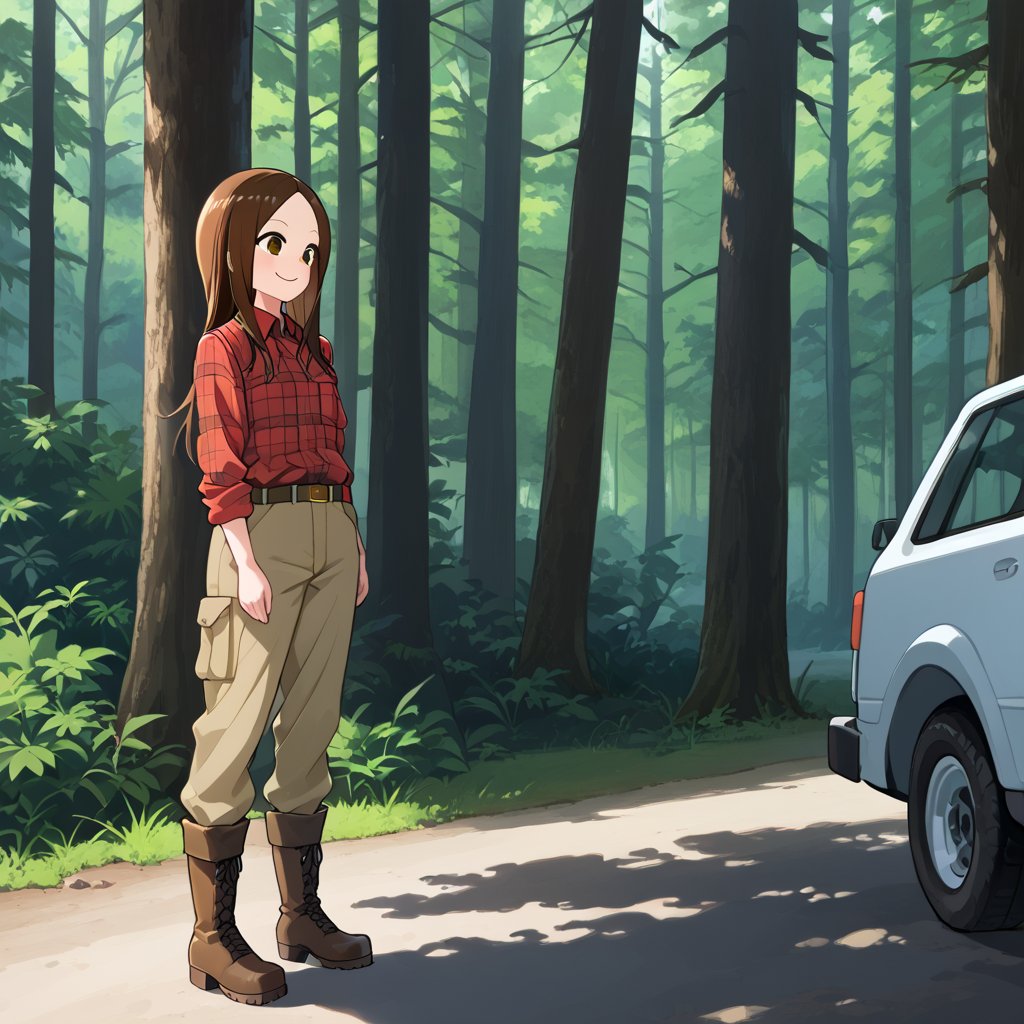 WOOD WORKER, Work Boots, mischiveous smile, Takagi San, longsize_Chainsaw, Forest, heavy Cargo_Truck at distance,  long hair, brown hair, lumberjack plaid shirt , aatakagi