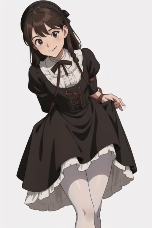 girl tied, hands tied behind back, bondage, victorian dress, white background,  long hair, brown pantyhose, no shoes, light smile, anime screencap, DETAILED FEET, 