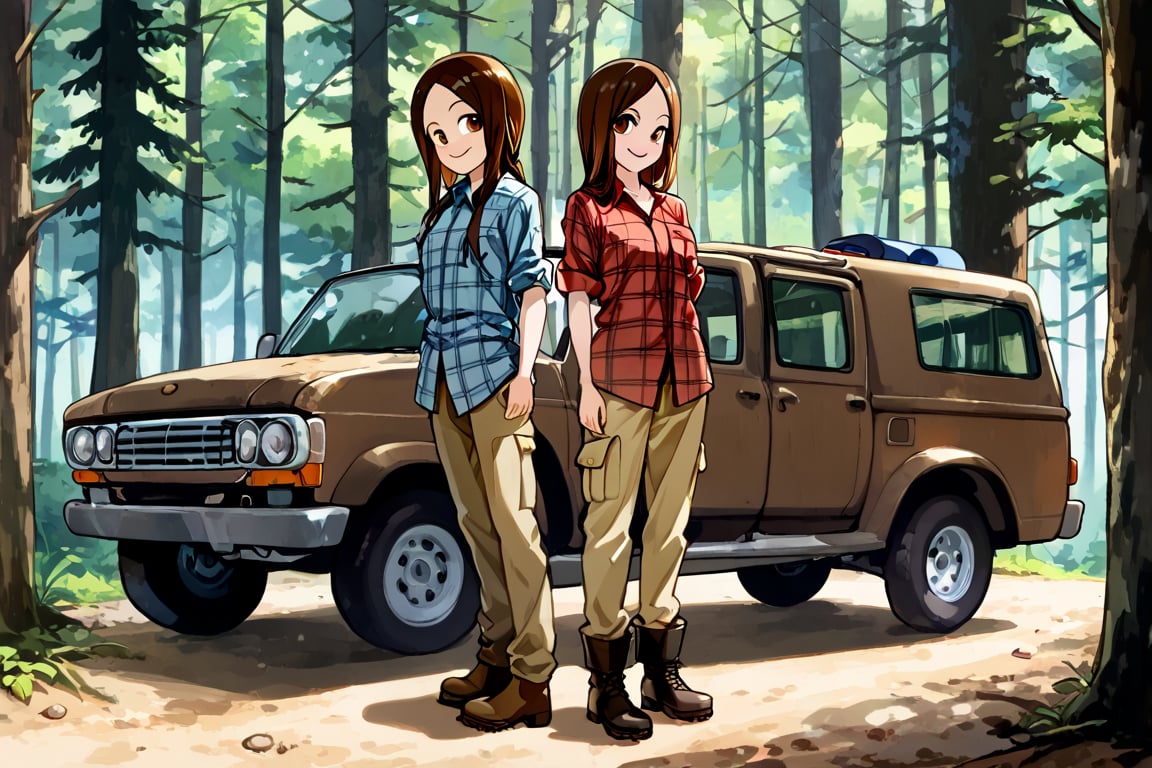 WOOD WORKER, Work Boots, mischiveous smile, Takagi San, longsize_Chainsaw, Forest, heavy Cargo_Truck at distance,  long hair, brown hair, lumberjack plaid shirt , aatakagi