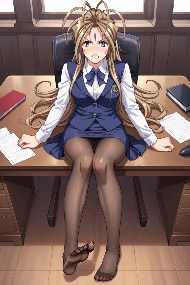 Angry girl, dark fantasy, office girl, Demons around, inferno ambience, Dark Fantasy ambience, Gothic arquitecture, desk, Jason Voorhees awaiting,  long hair, no shoes, brown pantyhose, detailed feet, skirt, demonic themed blouse, Belldandy