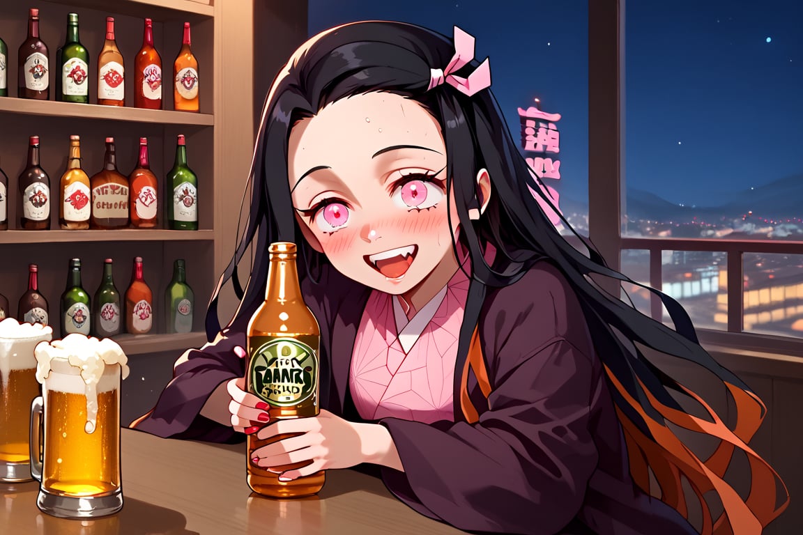 Demon girl, Nezuko, Mexico city, Beer bottle, Drunk, star wars clothing, kamado nezuko, very long hair, black hair, pink eyes