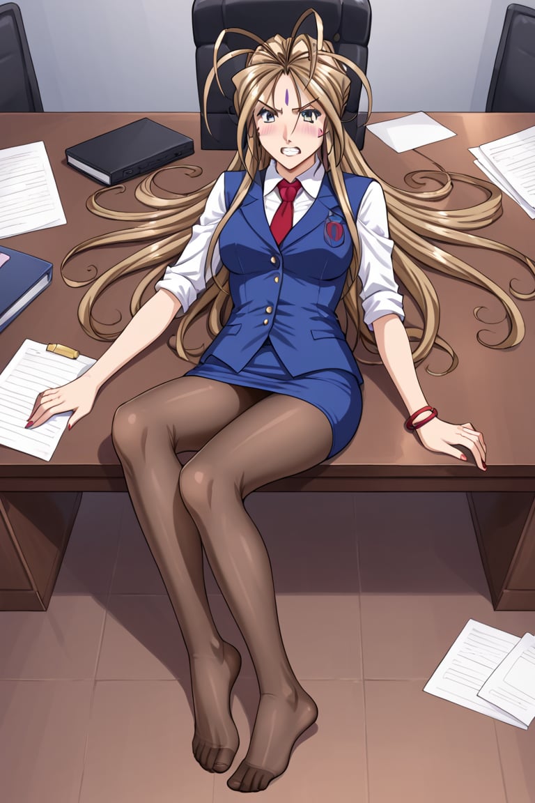 Angry girl, dark fantasy, office girl, Demons around, inferno ambience, Dark Fantasy ambience, Gothic arquitecture, desk, Jason Voorhees awaiting,  long hair, no shoes, brown pantyhose, detailed feet, skirt, demonic themed blouse, Belldandy