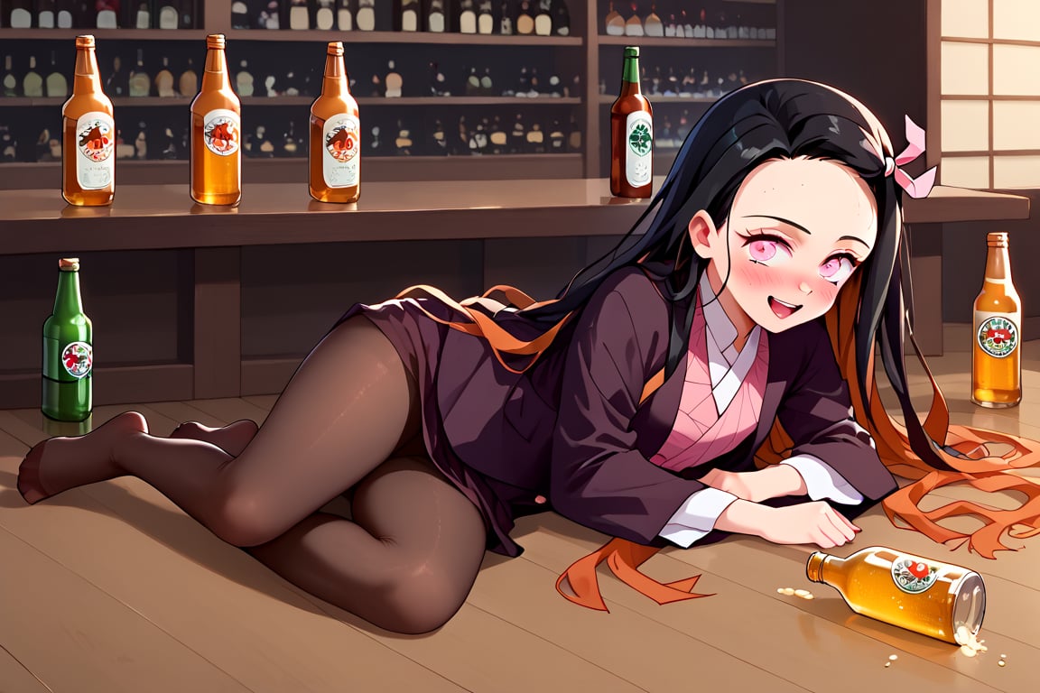 Demon girl, Nezuko, Mexico city, Beer bottle, Drunk, star wars clothing, pantyhose, no shoes, kamado nezuko, very long hair, black hair, pink eyes, Mos eisley cantina 