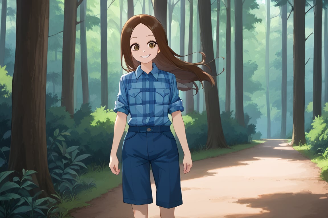 WOOD WORKER, Work Boots, mischiveous smile, Takagi San, longsize_Chainsaw, Forest, heavy Cargo_Truck at distance,  long hair, brown hair, lumberjack plaid shirt , aatakagi