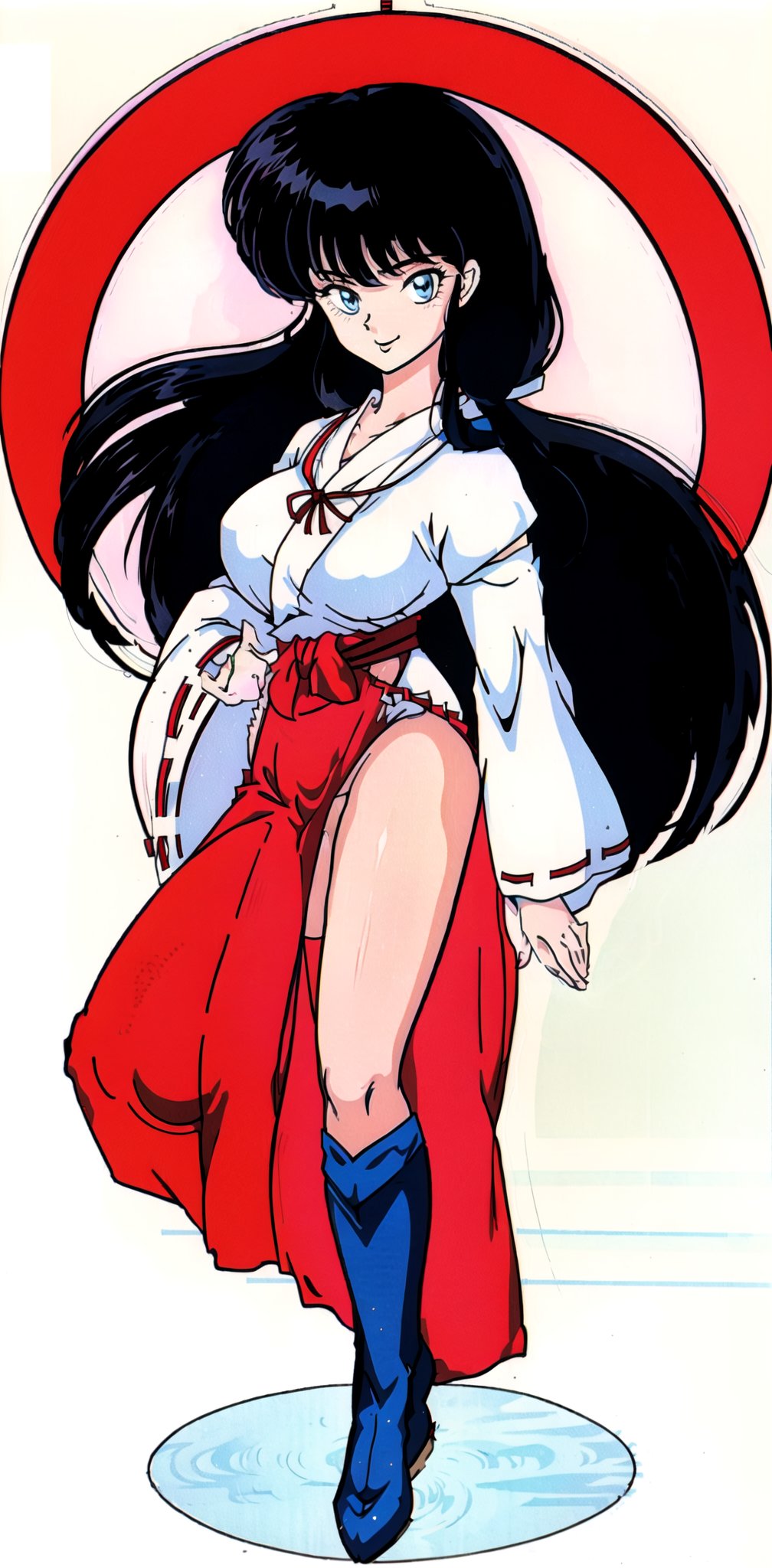 Kikyo, realhands, super detailed, super resolution, perfect, detailed face, pretty face, black hair, pale skin, longhair, nude torso, long hair, high-heel boots, over-knee boots, full body shot of pretty kikyou wearing transparent miko shrine maiden costume with huge breasts and shaved private part. She wears her red thigh-high boots, transparent costume. She shows her huge breasts and shaved private part to public, patrick nagel style, pantless, bottomless, simple background, looking at viewer, smile,1 line drawing, Japanese art, blueeyes,bold line, Higurashi Kagome,takahashi rumiko, 1980s \(style\), retro artstyle, ,Kikyo