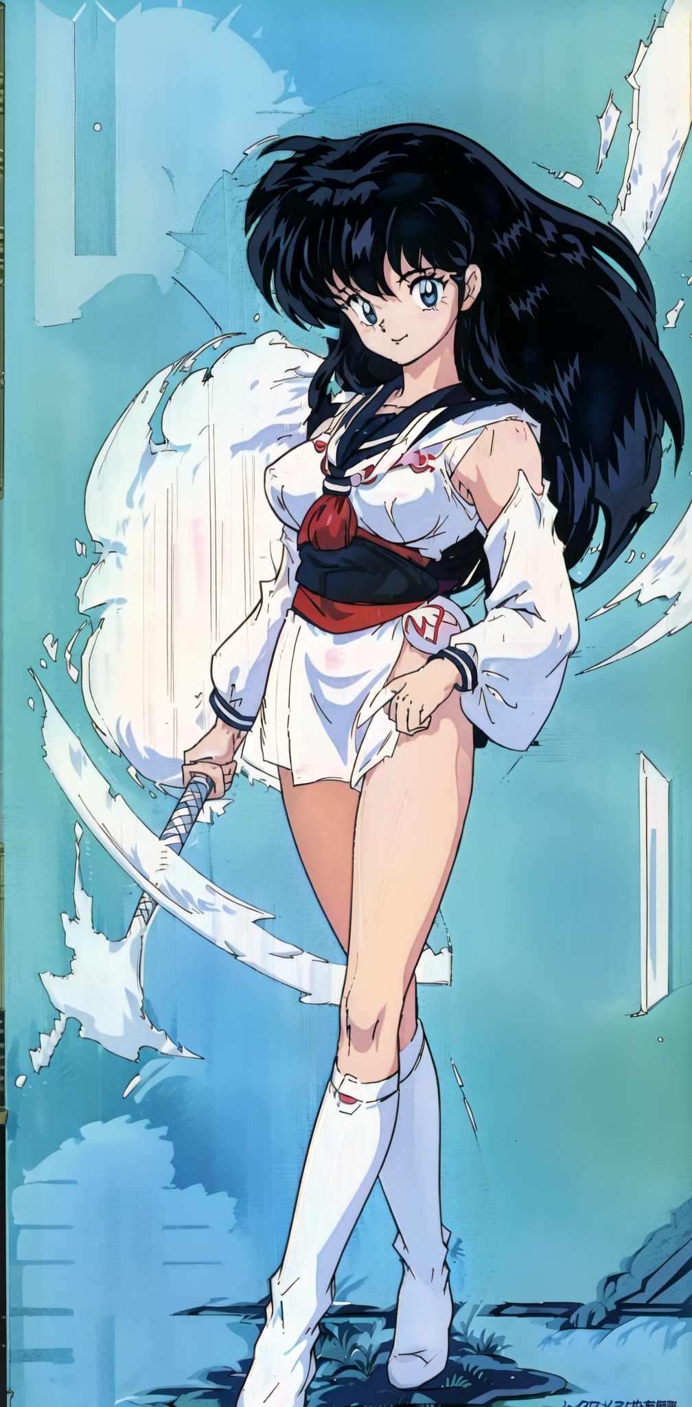 Kikyo, realhands, super detailed, super resolution, perfect, detailed face, pretty face, black hair, pale skin, longhair, nude torso, long hair, high-heel boots, over-knee boots, full body shot of pretty kikyou wearing transparent miko shrine maiden costume with huge breasts and shaved private part. She wears her red thigh-high boots, transparent costume. She shows her huge breasts and shaved private part to public, patrick nagel style, pantless, bottomless, simple background, looking at viewer, smile,1 line drawing, Japanese art, blueeyes,bold line, Higurashi Kagome,takahashi rumiko, 1980s \(style\), retro artstyle, ,Kikyo,kagome higurashi