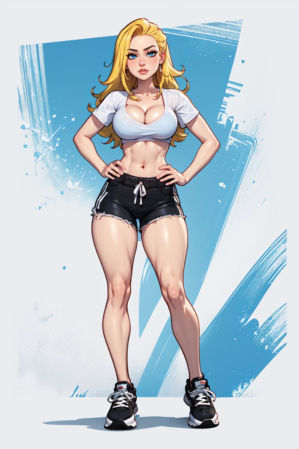 1 ace of heart,1 ace of heart background, 1 girl, yellow hair, blue eyes, wide hips, narrow waist, black shorts, short white t-shirt, large breasts, cleavage, sagging breasts, white theme, bare belly, full body, black sneakers, hands on hips, in an ace of heart theme, ace of heart background,ace of heart 512 x 768,style ace of heart,