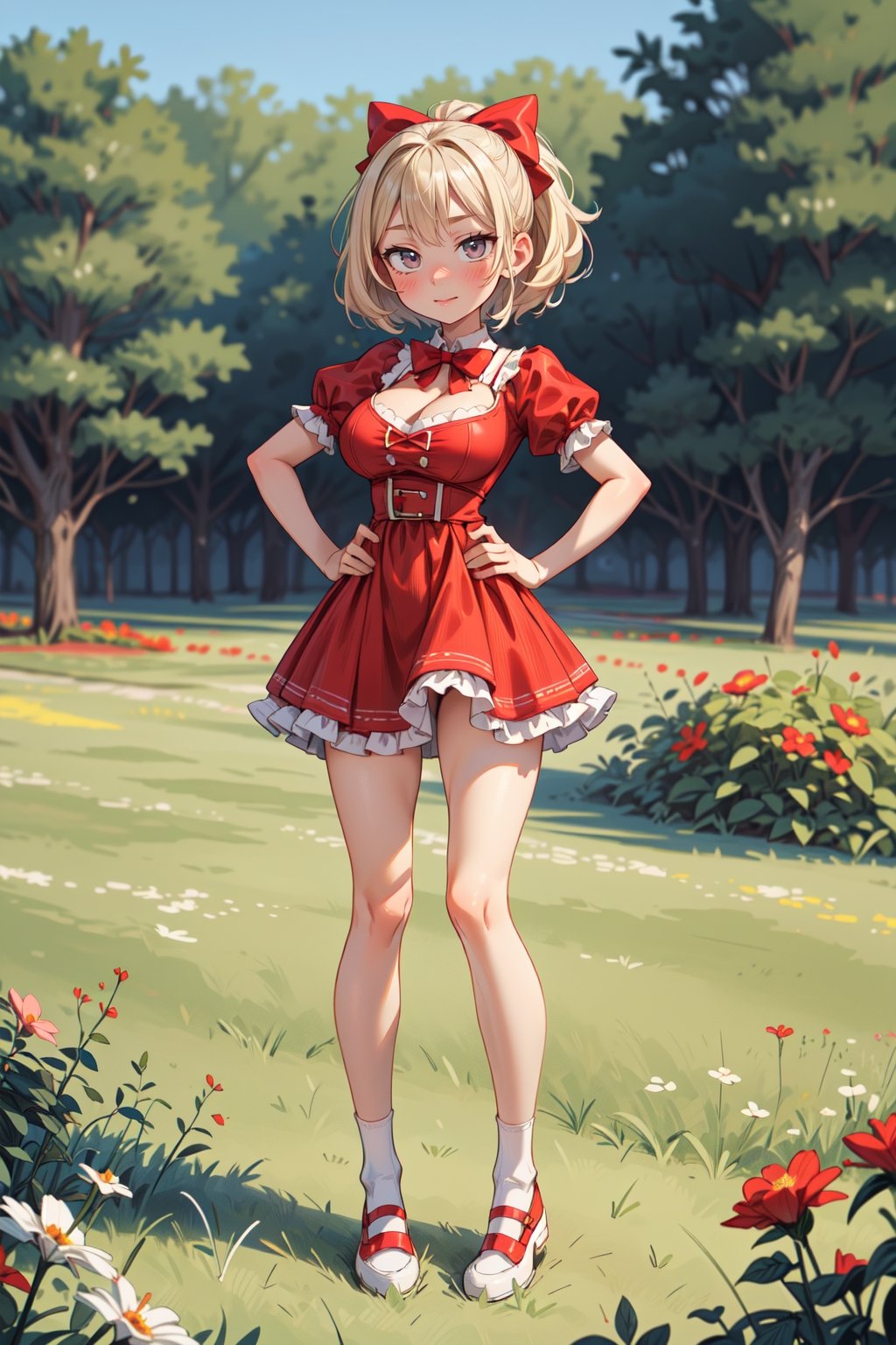 best quality, cute face, 1girl, innocent,,, (Long legs), perfect hand anatomy, short blonde hair, red bow in hair, red summer dress with ruffles, short dress, cute face, (beautiful legs, thighs), big breasts, lace stockings with ruffles, bright white shoes, (big breasts, turgid breasts), (full body, standing, front), hands on hips, in a field, flowers, grass,