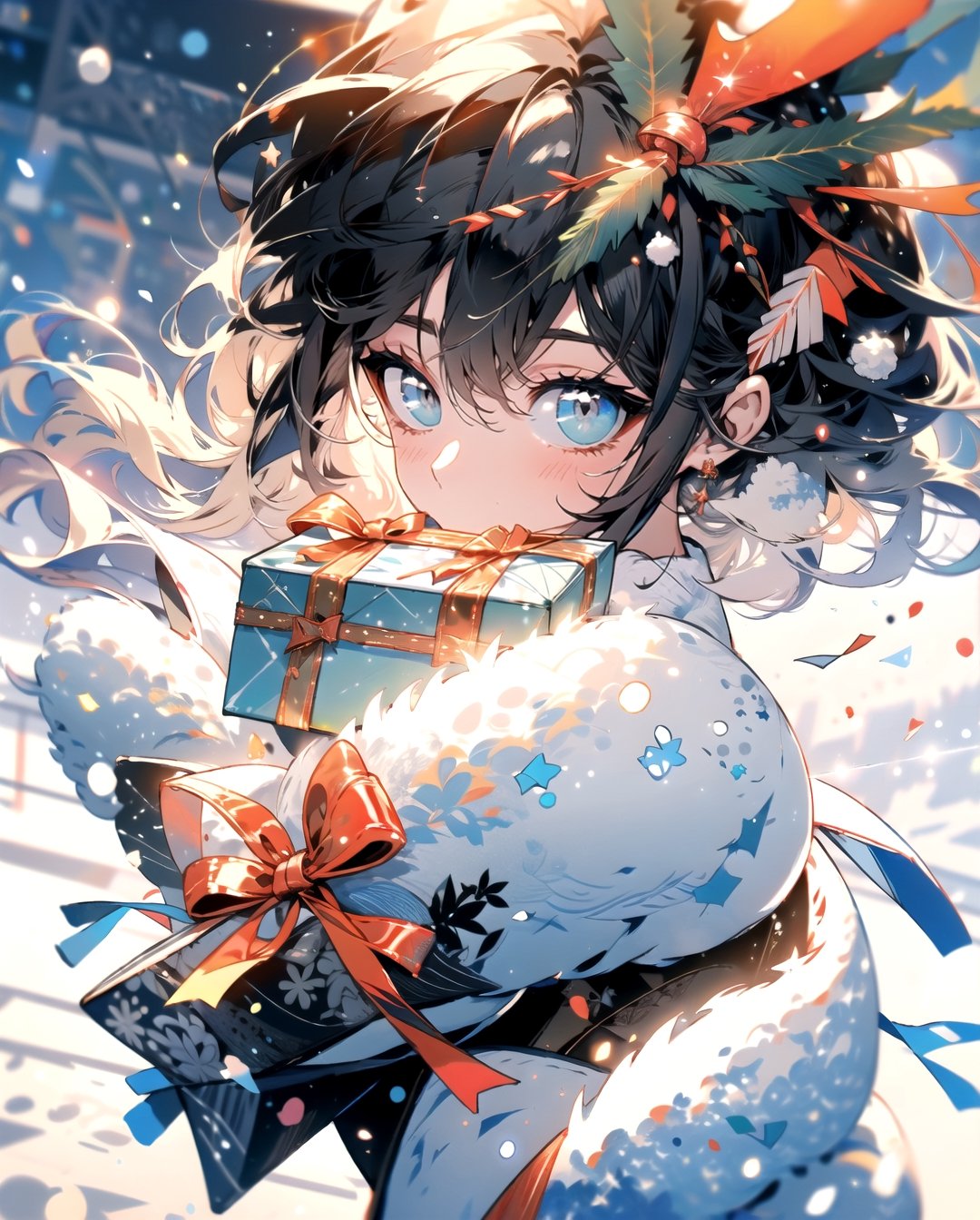 masterpiece, girl, christmas, holding presents, happy, snow, winter,1guy,midjourney