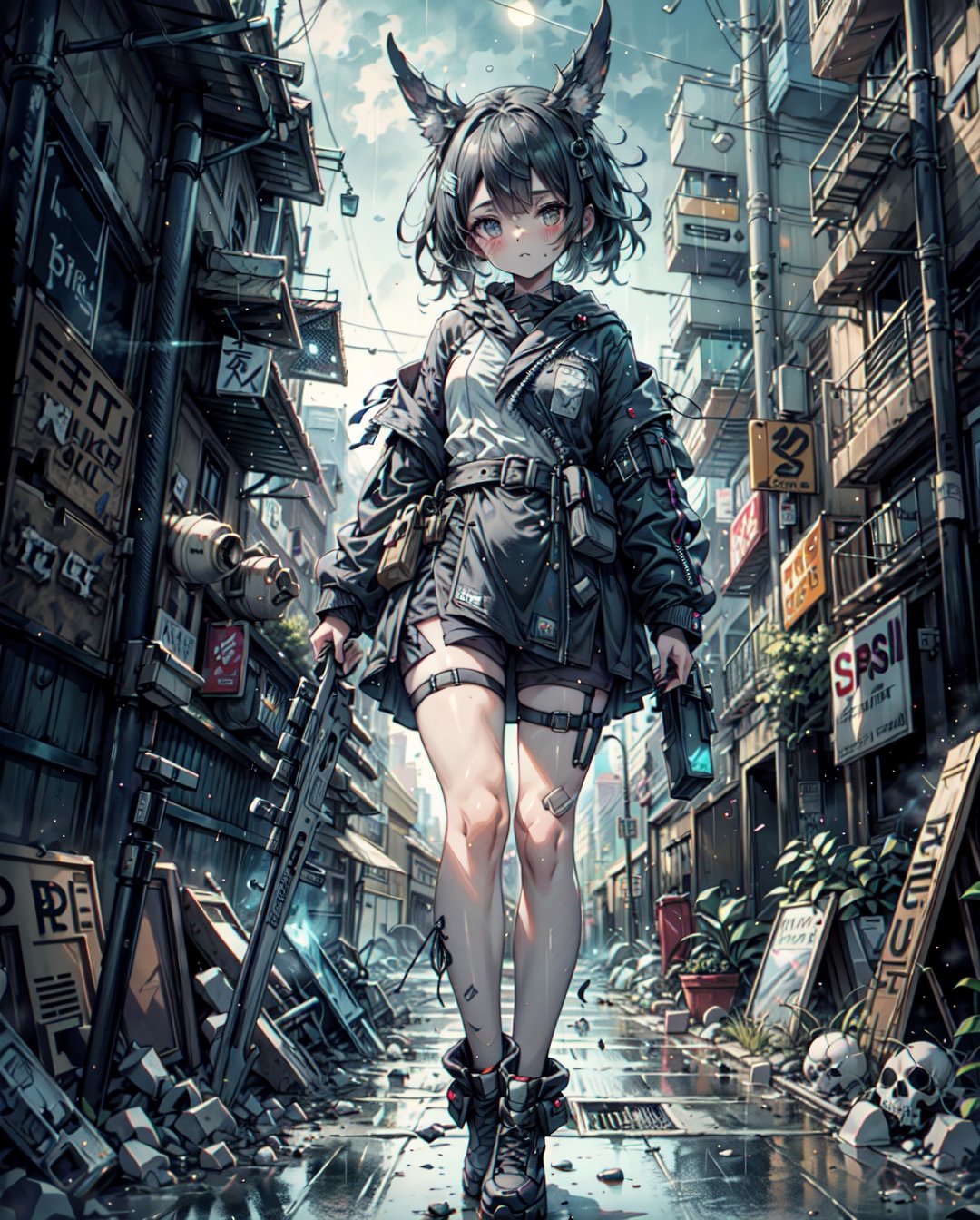 ((Best Quality)), ((Masterpiece)), (highly detailed:1.3), In a cyberpunk city a street in the slums with its bars and a brothel and its girls and clients at Night in the Rain, dashi, films, Songs inspired by Bladerunner, Inspired by Syd Mead, HDR (High Dynamic Range), Ray tracing, NVIDIA RTX, The ultra-Highres, Unreal 5, Subsurface scattering, PBR Texturing, Post-Processing, Anisotropic Filtering, depth of fields, Maximum Sharpness and Sharpness,multi-layered texture, Albedo and Specular maps, Surface Shading, Precise simulation of light-material interactions, perfect proportions, octane render, Two-tone illumination, low ISO, white balance, rule of thirds, Wide aperture,8K Raw, efficient sub-pixel,sub-pixel convolution, light scattering, Tyndall Effect, Cyberpunk, Human bones,Human bones,photorealistic,midjourney,fantasy00d,FFIXBG,weapon