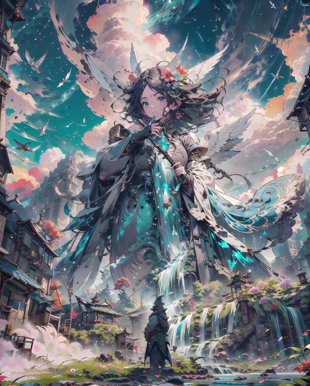 Huge angel,Medieval equipment, left man and right woman, knights (ensemble stars!),armor, wings, sky,white armor, cloud, outdoors, angel wings, bird,blend, medium shot, bokeh,outdoors, open grassland, symmetrical composition, low-angle shooting, zoom in, the most beautiful image I have ever seen, wide angle, distant view, looking up, combat scene, action_pose,Massive sandstone pyramid city, housing units, tropical landscape, tropical flowers, lush green grass. river, waterfall, hyper detailed 8k, unreal engine.