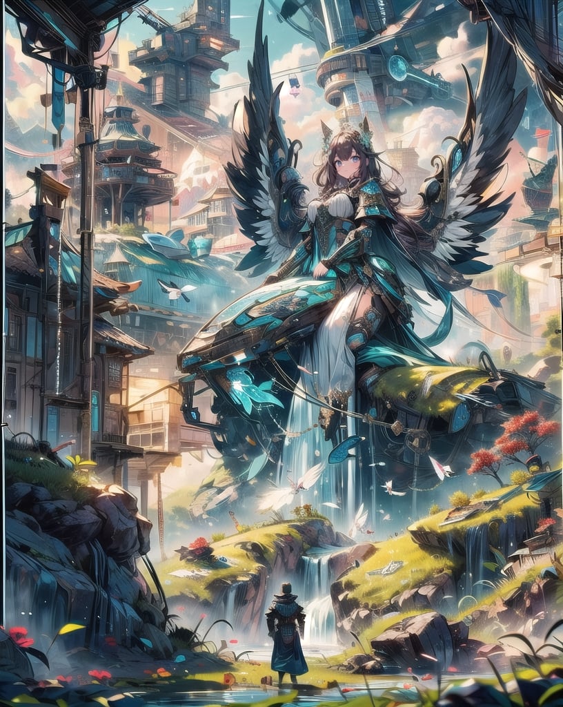 Huge angel,Medieval equipment, left man and right woman, knights (ensemble stars!),armor, wings, sky,white armor, cloud, outdoors, angel wings, bird,blend, medium shot, bokeh,outdoors, open grassland, symmetrical composition, low-angle shooting, zoom in, the most beautiful image I have ever seen, wide angle, distant view, looking up, combat scene, action_pose,Massive sandstone pyramid city, housing units, tropical landscape, tropical flowers, lush green grass. river, waterfall, hyper detailed 8k, unreal engine.,Futuristic room