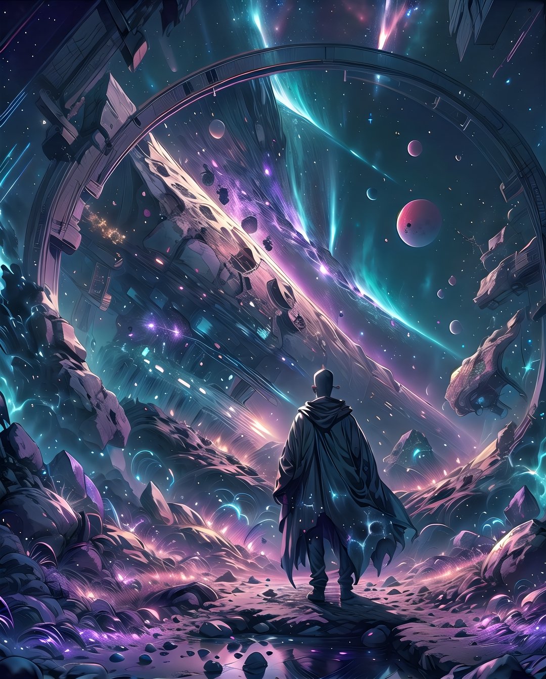 cloak,Man staring at night sky ripe with red moon, Purple and red moon, Dark atmosphere, reflection::2,luxurious_cloaks,(masterpiece, best quality, ultra-detailed, 8K), Compose a breathtaking depiction of an asteroid suspended in the vast expanse of dark space. The scene unfolds with an awe-inspiring view of a solitary asteroid, its rugged surface illuminated by the distant glint of stars scattered across the cosmic canvas.

The asteroid stands as a solitary sentinel amidst the velvety darkness, its jagged edges and craggy terrain illuminated by the subtle glow of celestial bodies. Shadows dance across its pockmarked surface, hinting at eons of cosmic collisions and space-borne journeys.

Surrounded by the inky abyss, the asteroid takes center stage, commanding attention with its enigmatic presence. The cosmic silence amplifies the solemnity of this celestial body, inviting contemplation of the mysteries and wonders that reside within the depths of the cosmos. This depiction captures the serene beauty and quiet grandeur of an asteroid suspended in the infinite darkness of space.