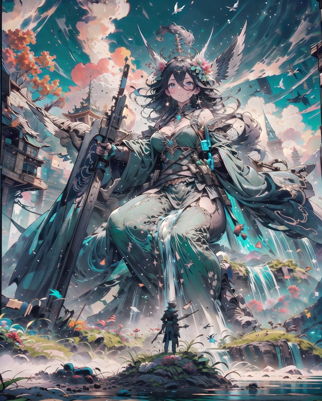 fire burning,Medieval equipment,  left man and right woman, knights (ensemble stars!),armor, wings, sky,white armor, cloud, outdoors, angel wings, bird,blend, medium shot, bokeh,outdoors, open grassland, symmetrical composition, low-angle shooting, zoom in, the most beautiful image I have ever seen, wide angle , distant view, looking up, combat scene, action_pose,Massive sandstone pyramid city, housing units, tropical landscape, tropical flowers, lush green grass. river, waterfall, hyper detailed 8k, unreal engine.
EpicArt,full_gear_soldier,full gear,retrobigguns,r41l