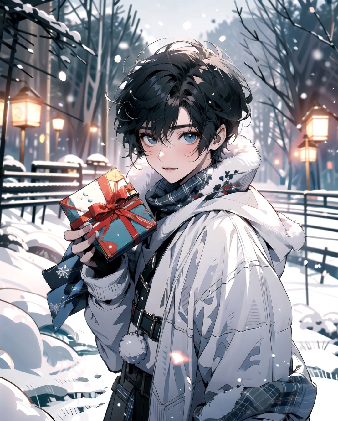 masterpiece,girl, christmas, holding presents, happy, snow, winter,1guy,midjourney
